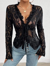 Tied V-Neck Long Sleeve Lace Top - Trendsi - Flyclothing LLC