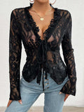 Tied V-Neck Long Sleeve Lace Top - Trendsi - Flyclothing LLC