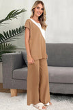 Two-Tone Round Neck Top and Pants Set - Trendsi