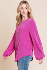 BOMBOM Long Sleeve Curved Hem Ribbed T-Shirt - Trendsi - Flyclothing LLC