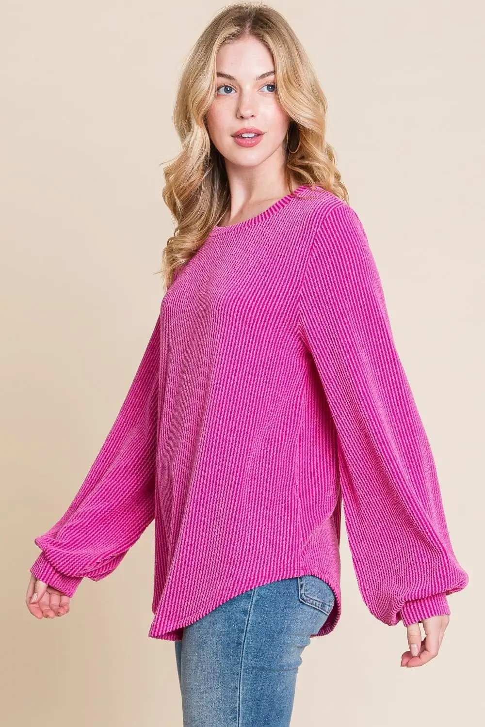 BOMBOM Long Sleeve Curved Hem Ribbed T-Shirt - Trendsi - Flyclothing LLC