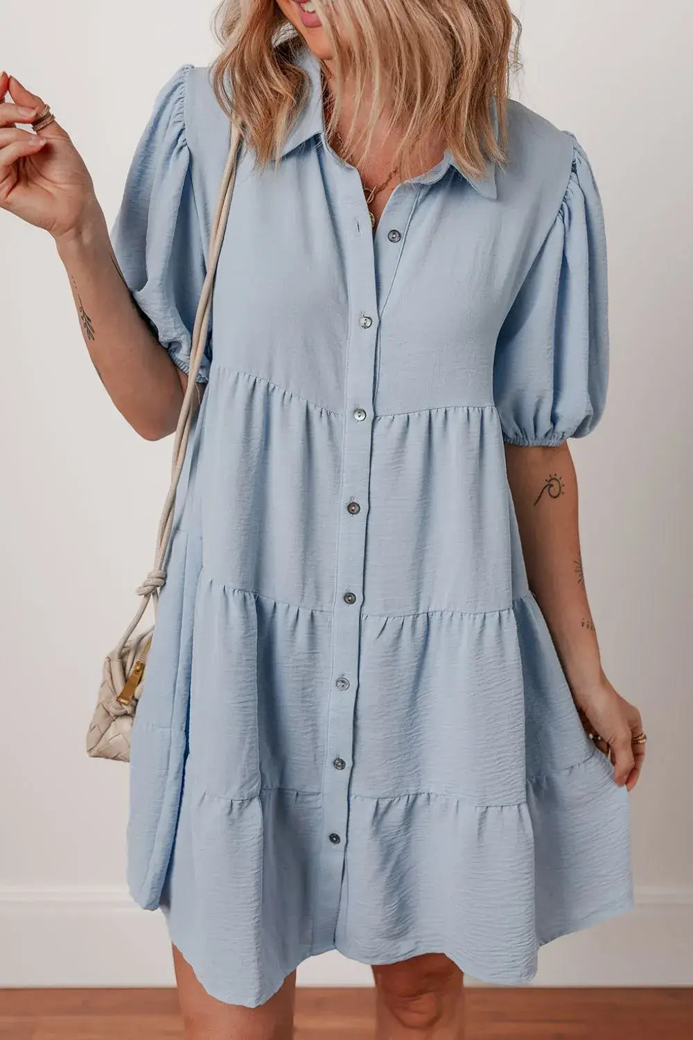 Button Up Puff Sleeve Tiered Shirt Dress - Trendsi - Flyclothing LLC