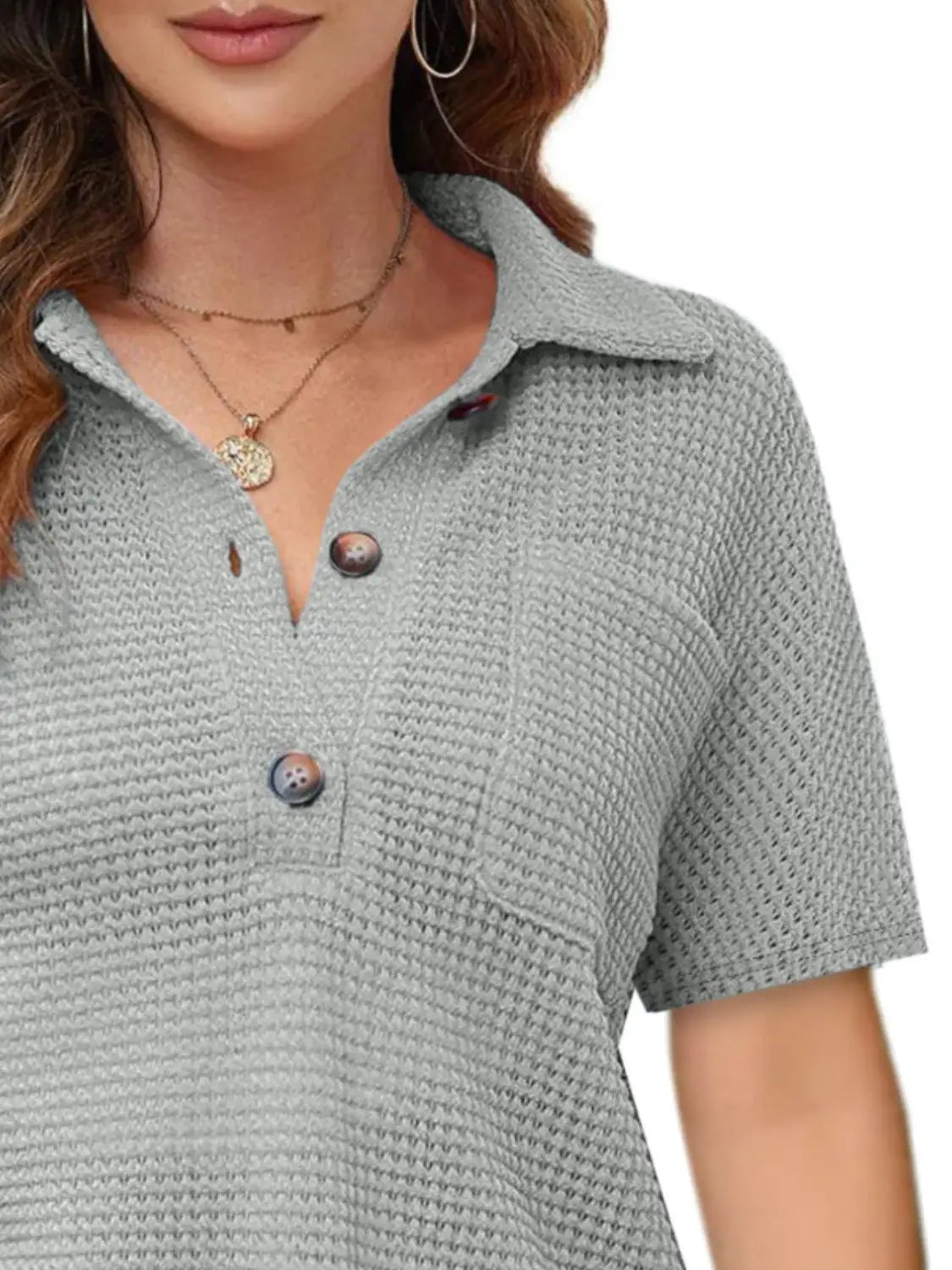 Waffle-Knit Short Sleeve Polo Shirt - Trendsi - Flyclothing LLC