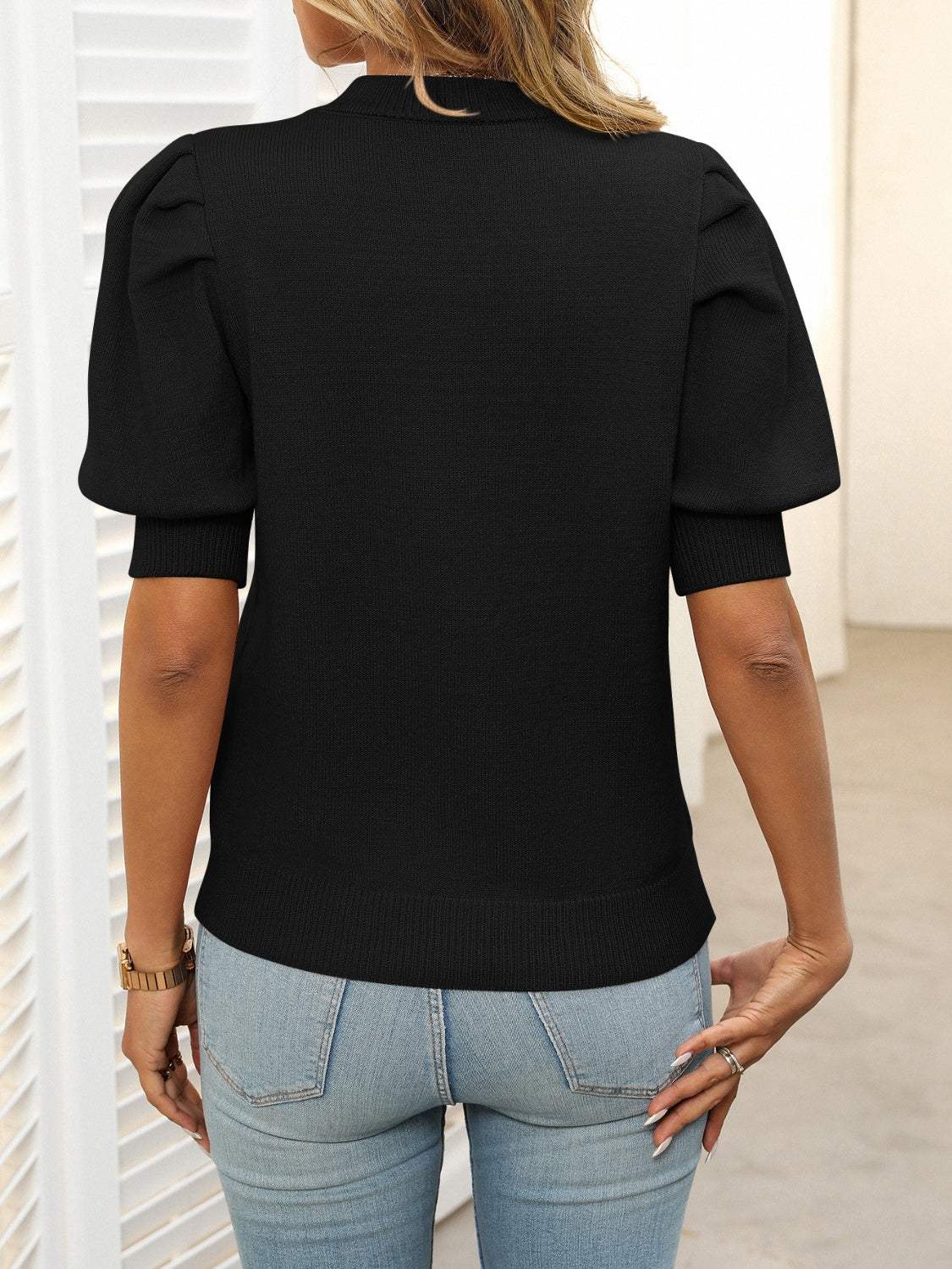Mandy Mock Neck Puff Sleeve Sweater - Trendsi - Flyclothing LLC