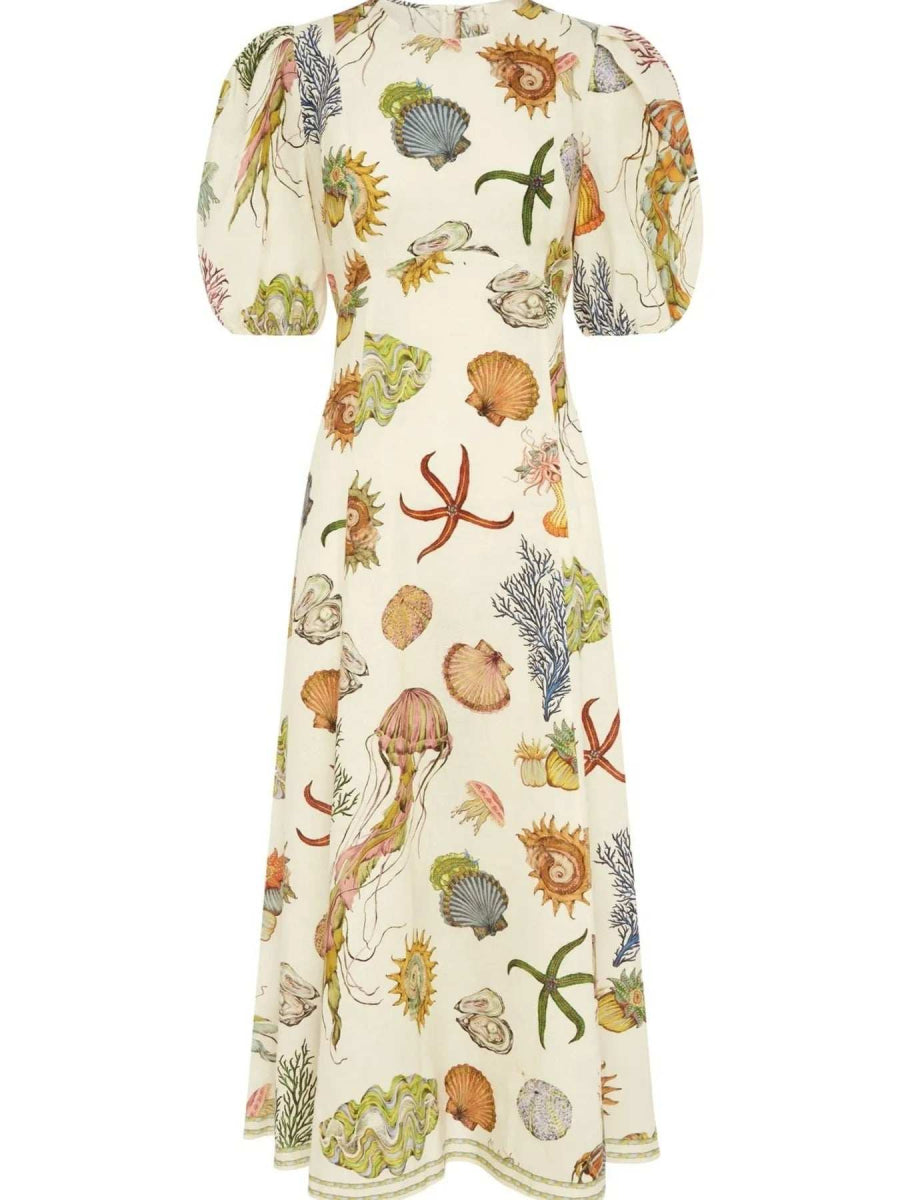 Printed Round Neck Puff Sleeve Dress - Trendsi - Flyclothing LLC