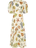 Printed Round Neck Puff Sleeve Dress - Trendsi