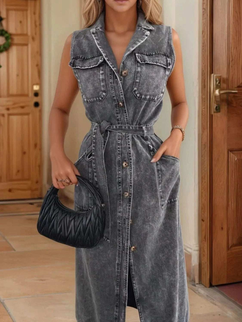 Button Front Sleeveless Denim Dress - Trendsi - Flyclothing LLC