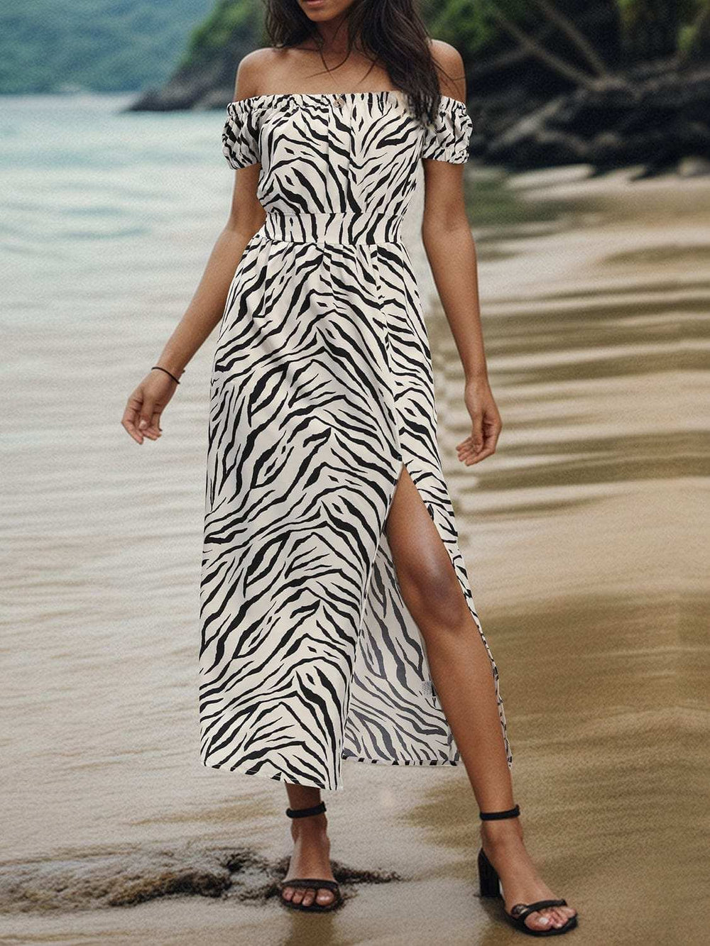 Slit Animal Print Off-Shoulder Midi Dress - Trendsi - Flyclothing LLC