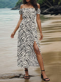 Slit Animal Print Off-Shoulder Midi Dress - Trendsi