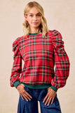 BiBi Christmas Plaid Exaggerated Shoulder Sleeves Top - Trendsi - Flyclothing LLC
