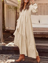 Full Size V-Neck Long Sleeve Tiered Maxi Dress with Pockets Plus Size - Trendsi - Flyclothing LLC