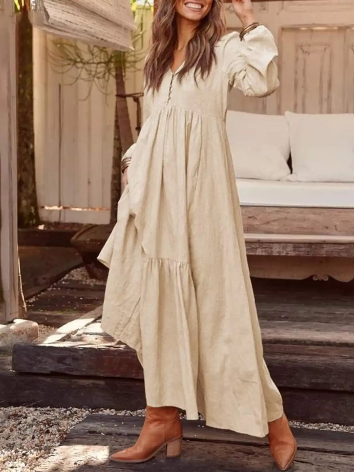 Full Size V-Neck Long Sleeve Tiered Maxi Dress with Pockets Plus Size - Trendsi - Flyclothing LLC