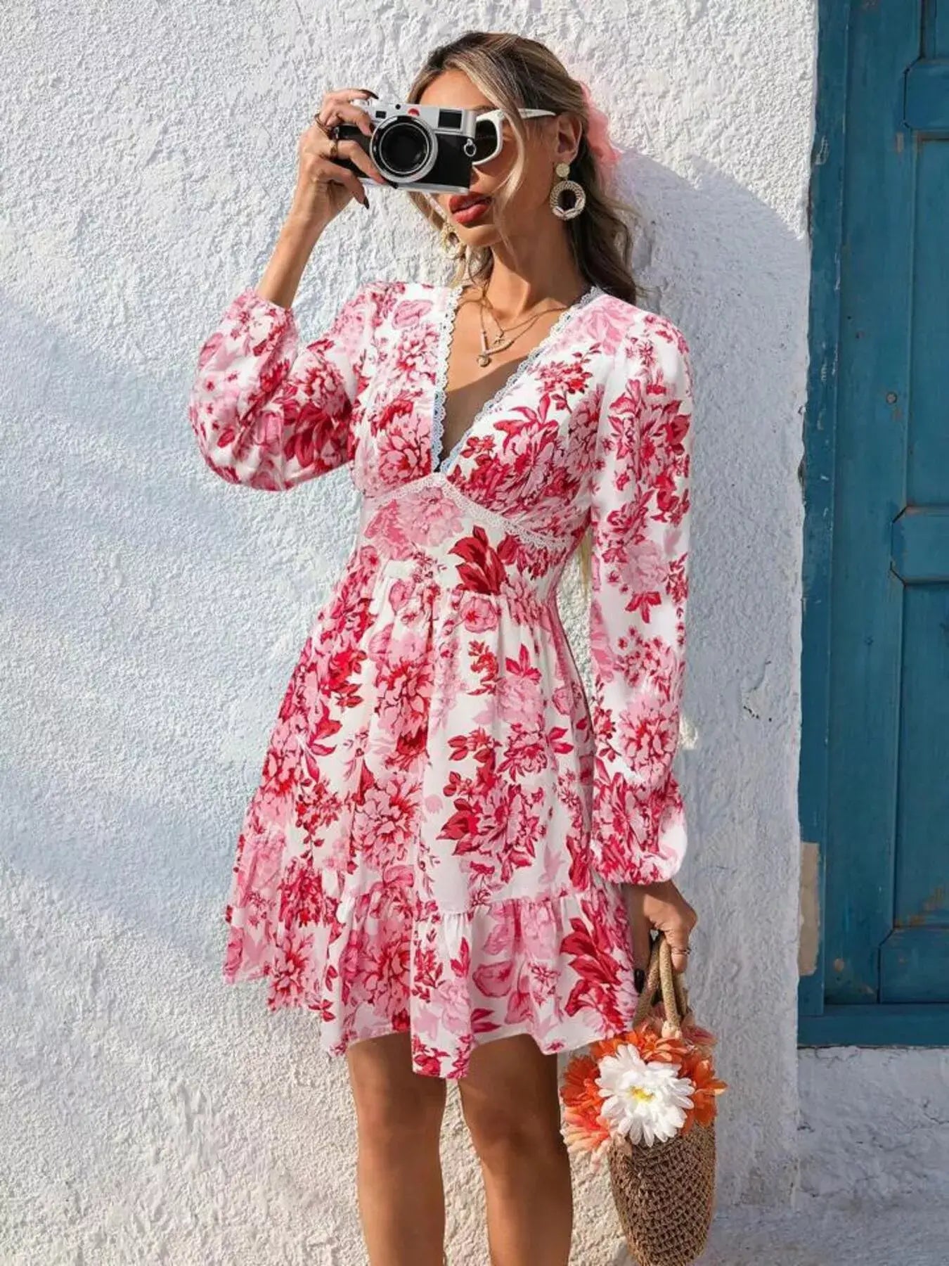 Full Size Floral Print V-Neck Long Sleeve Ruffle Hem Mini Dress Plus Size - Trendsi - Flyclothing LLC
