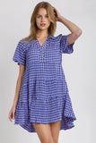 Umgee Full Size Gingham Tiered Button Detail Short Sleeve Dress Plus Size - Trendsi