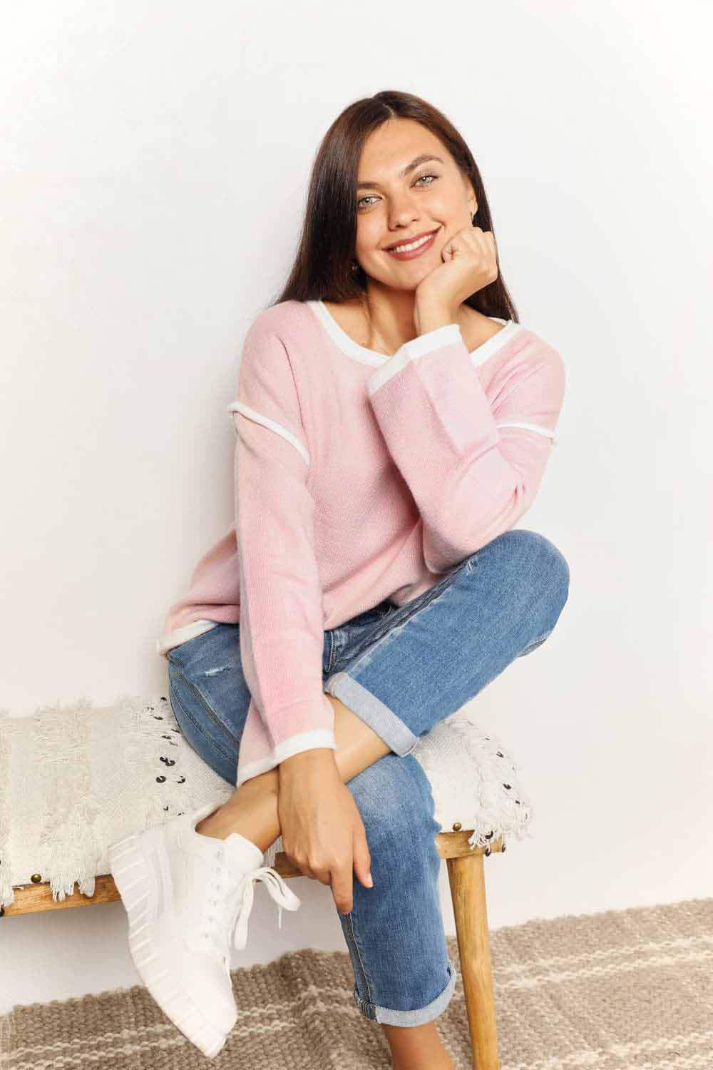 Angel Wings Contrast Detail Dropped Shoulder Knit Top - Trendsi - Flyclothing LLC