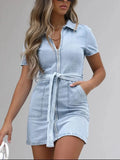 Full Size Zip Front Short Sleeve Denim Dress Plus Size - Trendsi