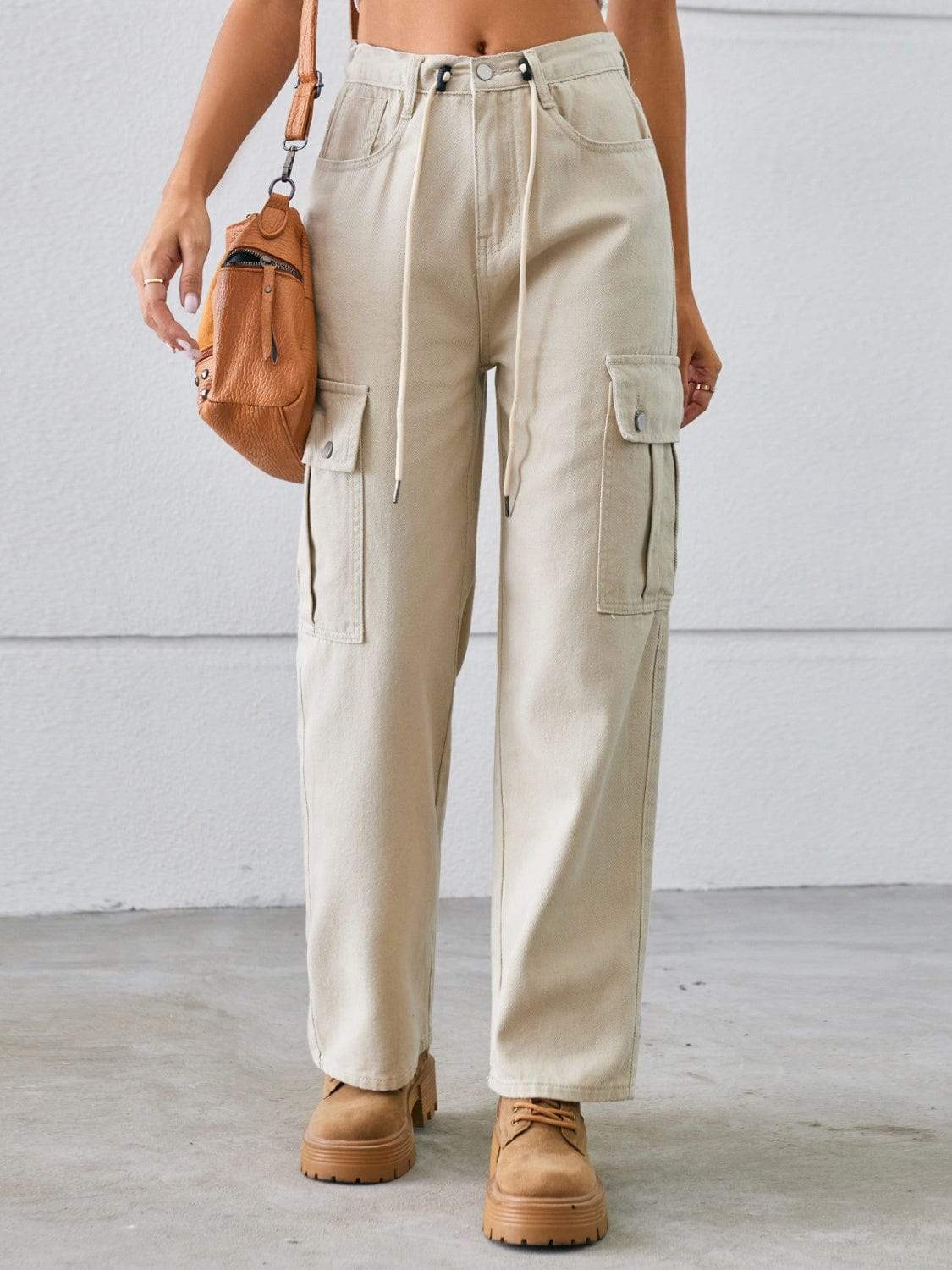 Drawstring Mid-Rise Waist Straight Cargo Jeans - Trendsi - Flyclothing LLC