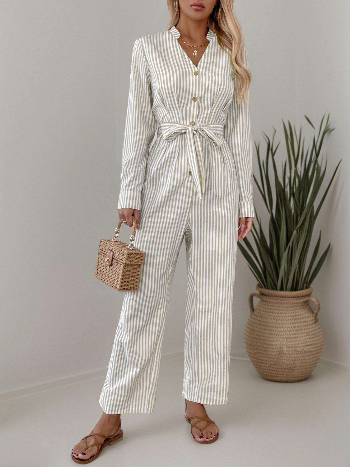 Striped Notched Long Sleeve Tie Waist Jumpsuit - Trendsi - Flyclothing LLC