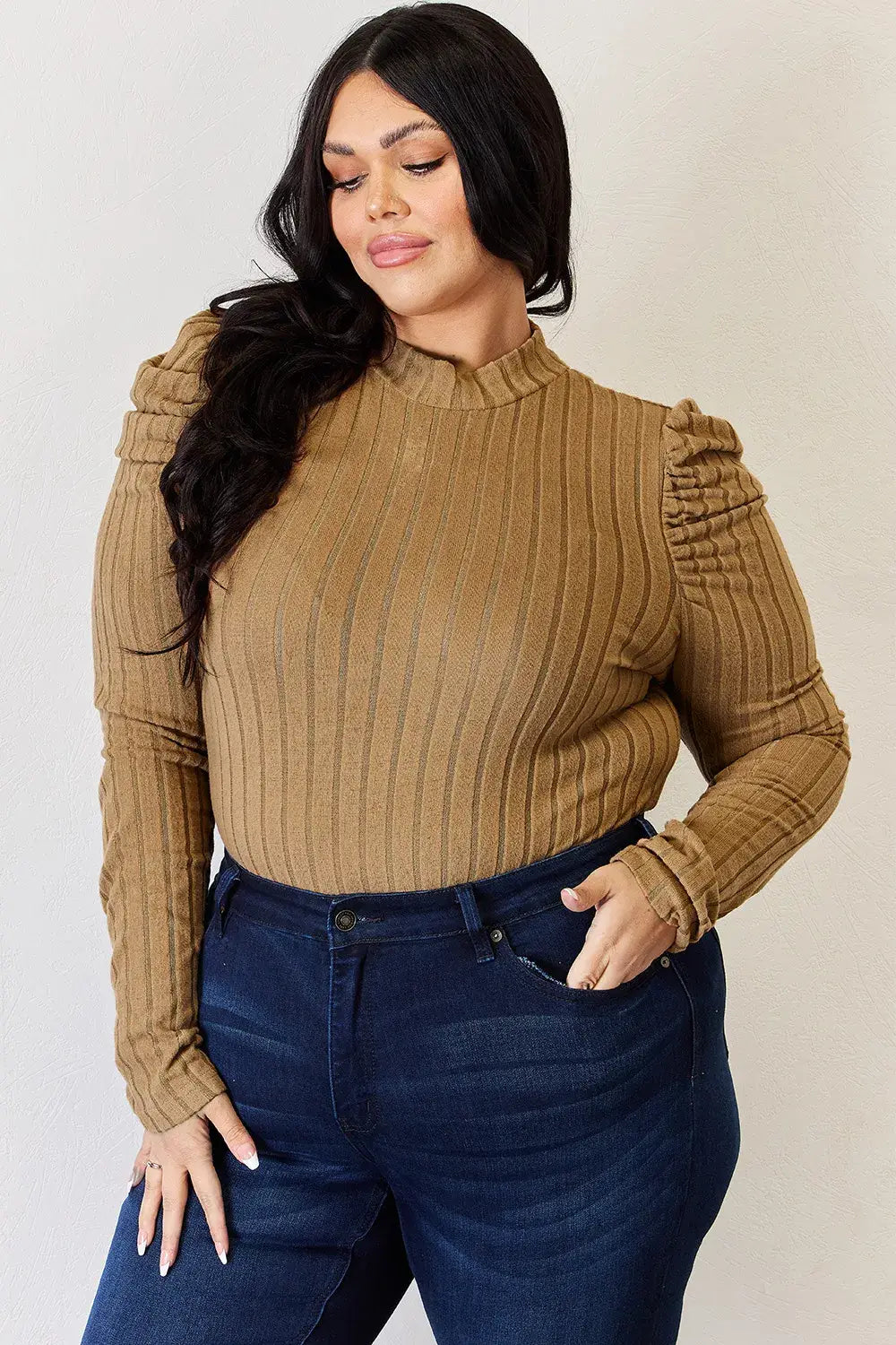 Basic Bae Full Size Ribbed Mock Neck Puff Sleeve T-Shirt - ShopBasicbae - Flyclothing LLC