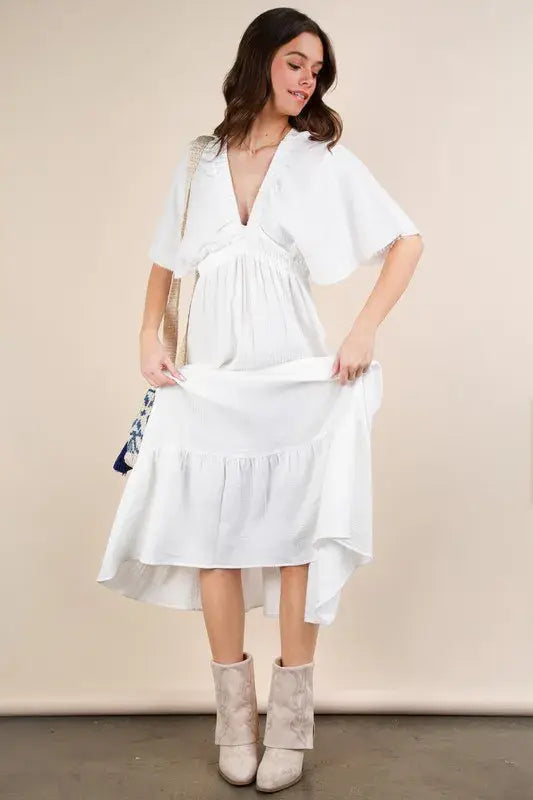 VERY J Mineral Washed Elastic Neck Detail Midi Dress - Trendsi - Flyclothing LLC