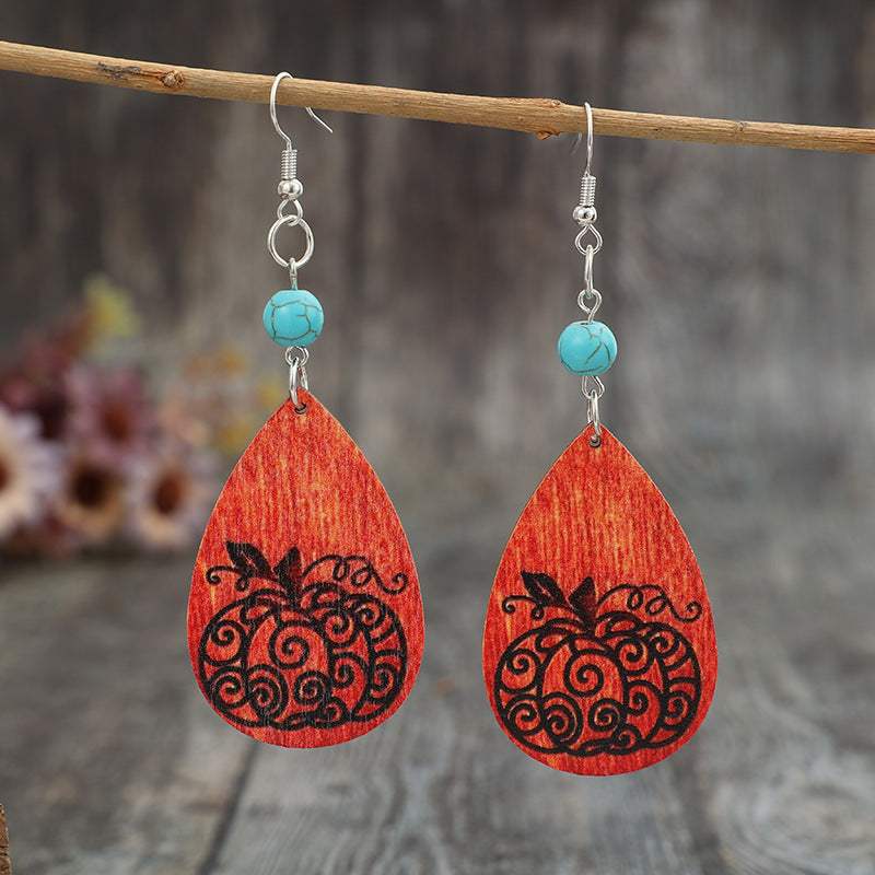 Turquoise Wooden Pumpkin Teardrop Earrings - Trendsi - Flyclothing LLC
