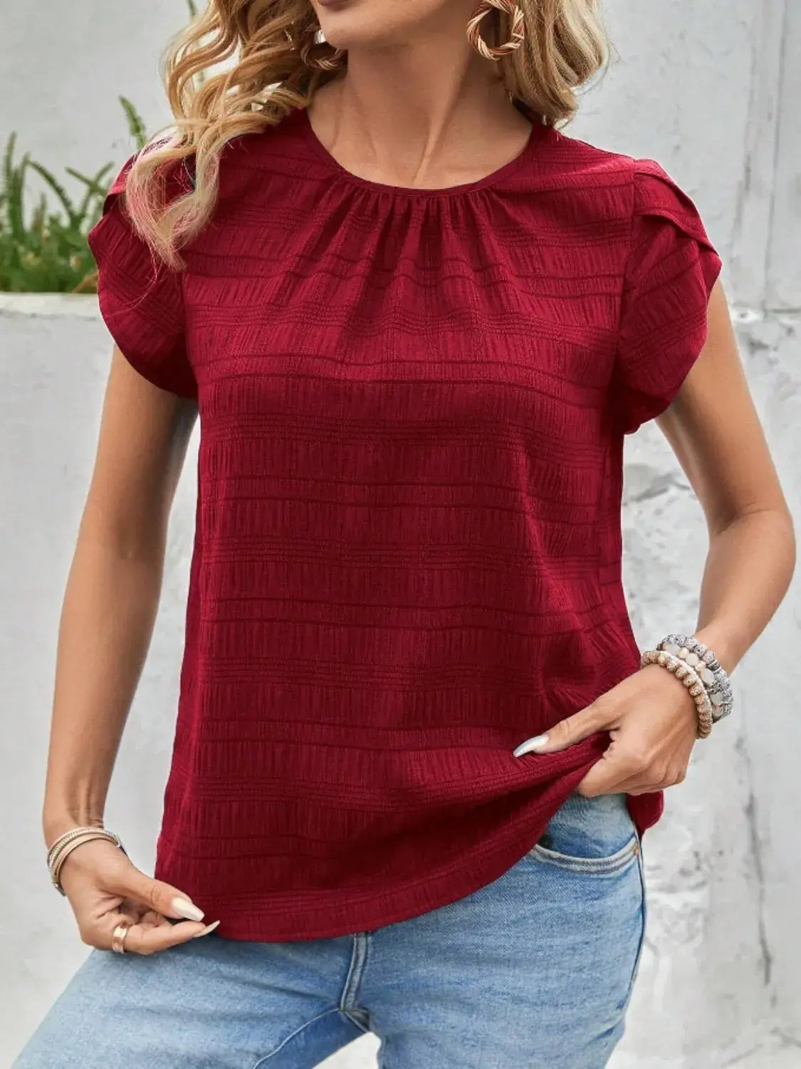 Round Neck Petal Sleeve Top - Trendsi - Flyclothing LLC