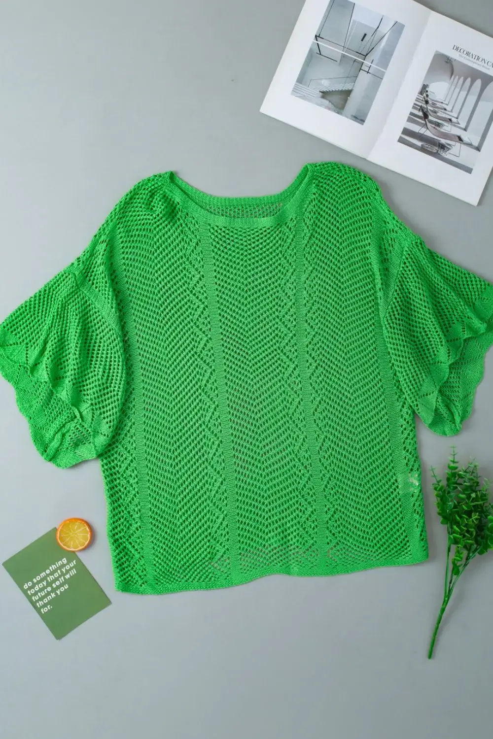 Scallop Edge Half Sleeve Pointelle Knit Top - Trendsi - Flyclothing LLC