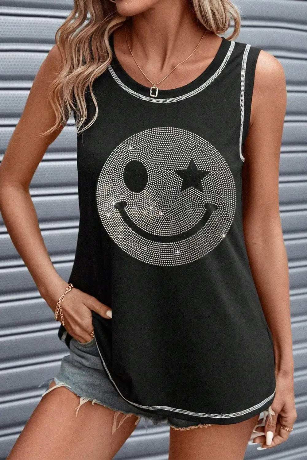 Rhinestone Smile Face Round Neck Tank - Trendsi - Flyclothing LLC