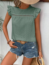 Eyelet Round Neck Cap Sleeve Top - Trendsi - Flyclothing LLC
