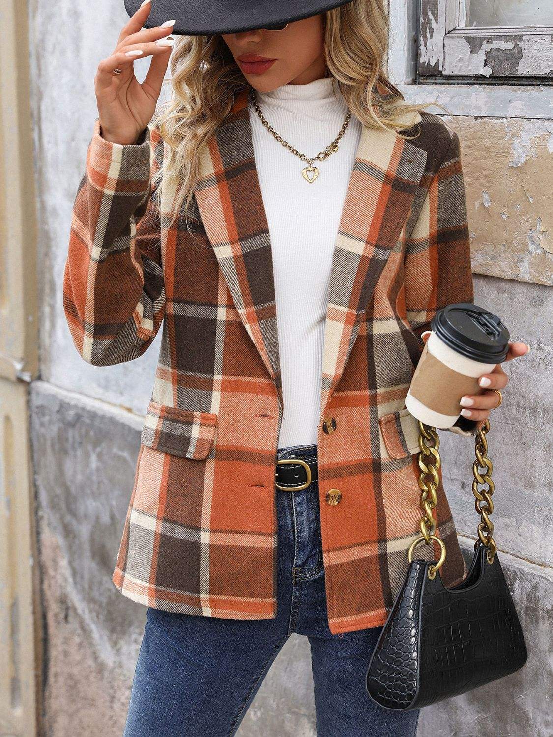 Perfee Plaid Button Down Lapel Collar Blazer - Trendsi - Flyclothing LLC