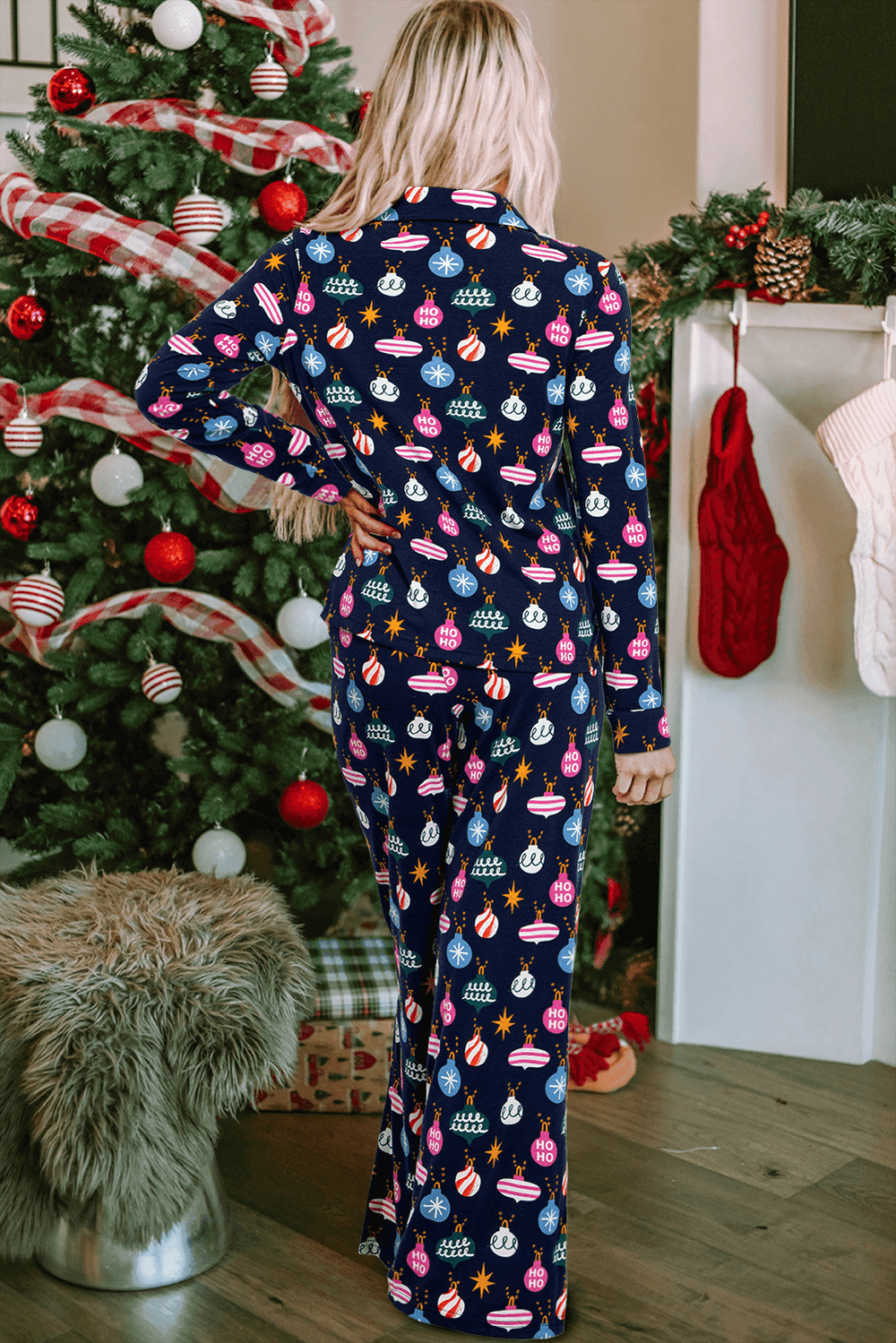 Christmas Lights Print Collared Neck Top and Pants Set - Trendsi - Flyclothing LLC