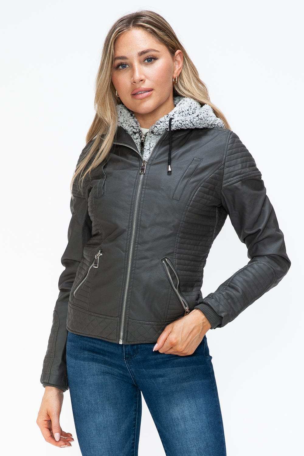 YMI Faux Layered Double-Zipper Jacket with Fuzzy Hood - Trendsi - Flyclothing LLC