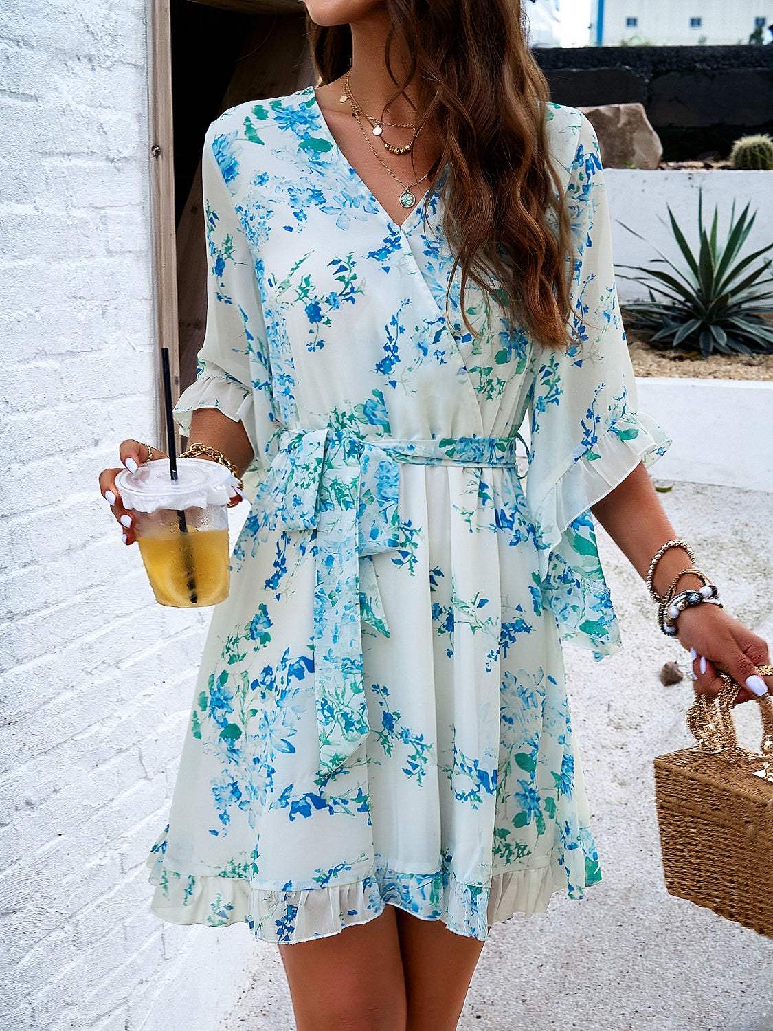 Ruffled Printed Surplice Half Sleeve Mini Dress - Trendsi - Flyclothing LLC
