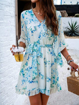 Ruffled Printed Surplice Half Sleeve Mini Dress - Trendsi - Flyclothing LLC