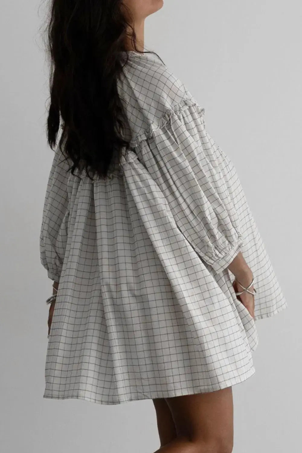 Frill Plaid Notched Balloon Sleeve Mini Dress - Trendsi - Flyclothing LLC
