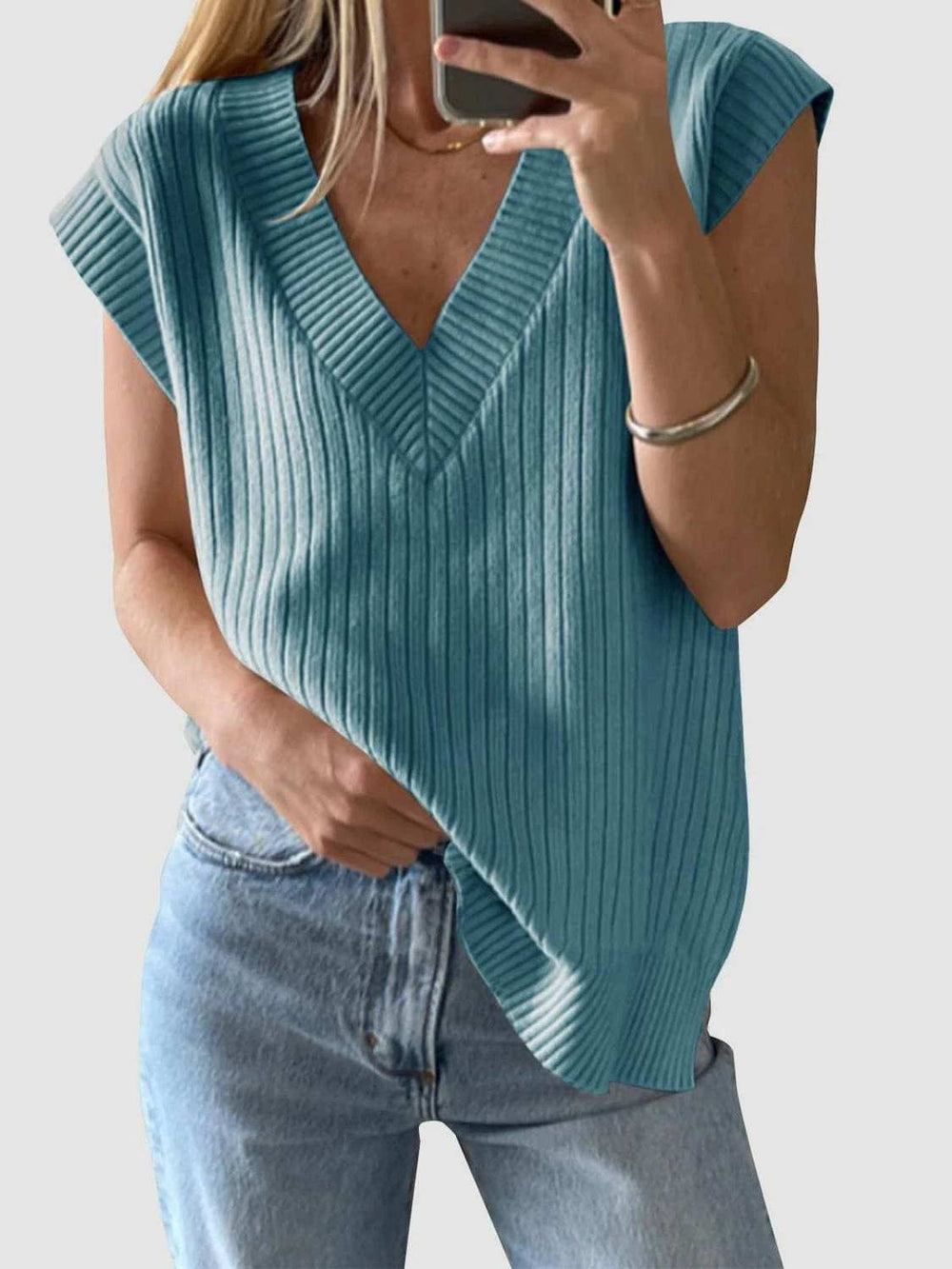 Mandy Ribbed V-Neck Sweater Vest - Trendsi - Flyclothing LLC