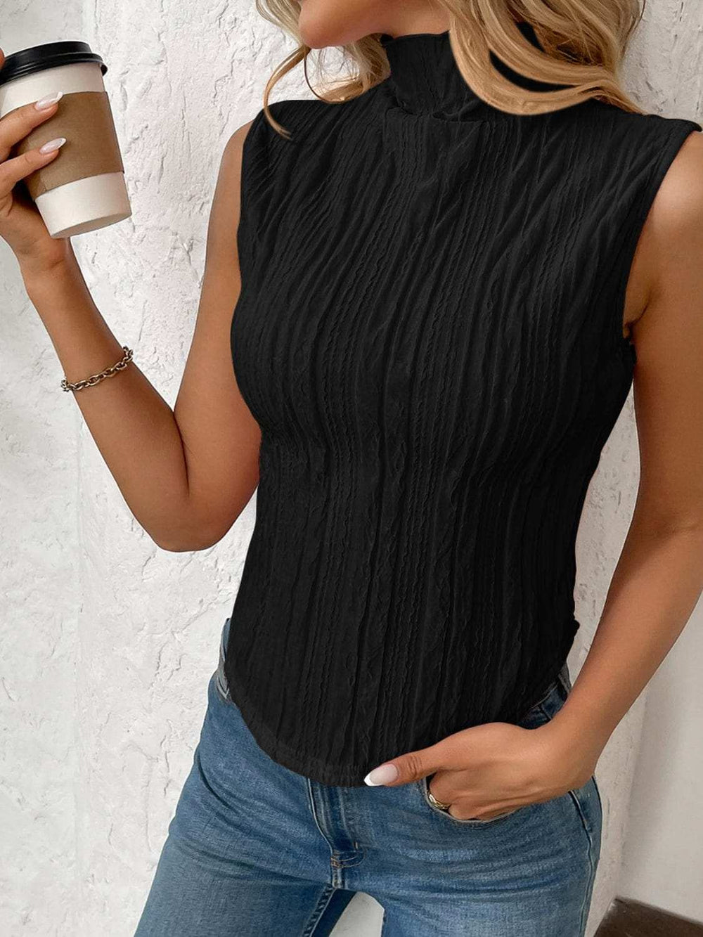 Texture Turtleneck Sleeveless Top - Trendsi - Flyclothing LLC