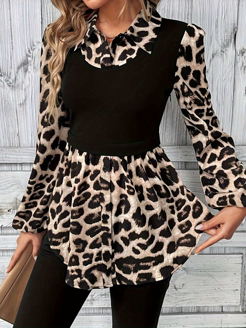 Leopard Collared Neck Balloon Sleeve Blouse - Trendsi - Flyclothing LLC