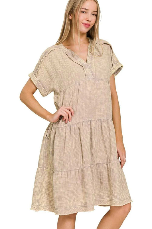 Zenana Washed Double Gauze Raw Edge Notched Dress - Trendsi - Flyclothing LLC
