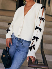 Bow V-Neck Cutout Sleeve Cardigan - Trendsi