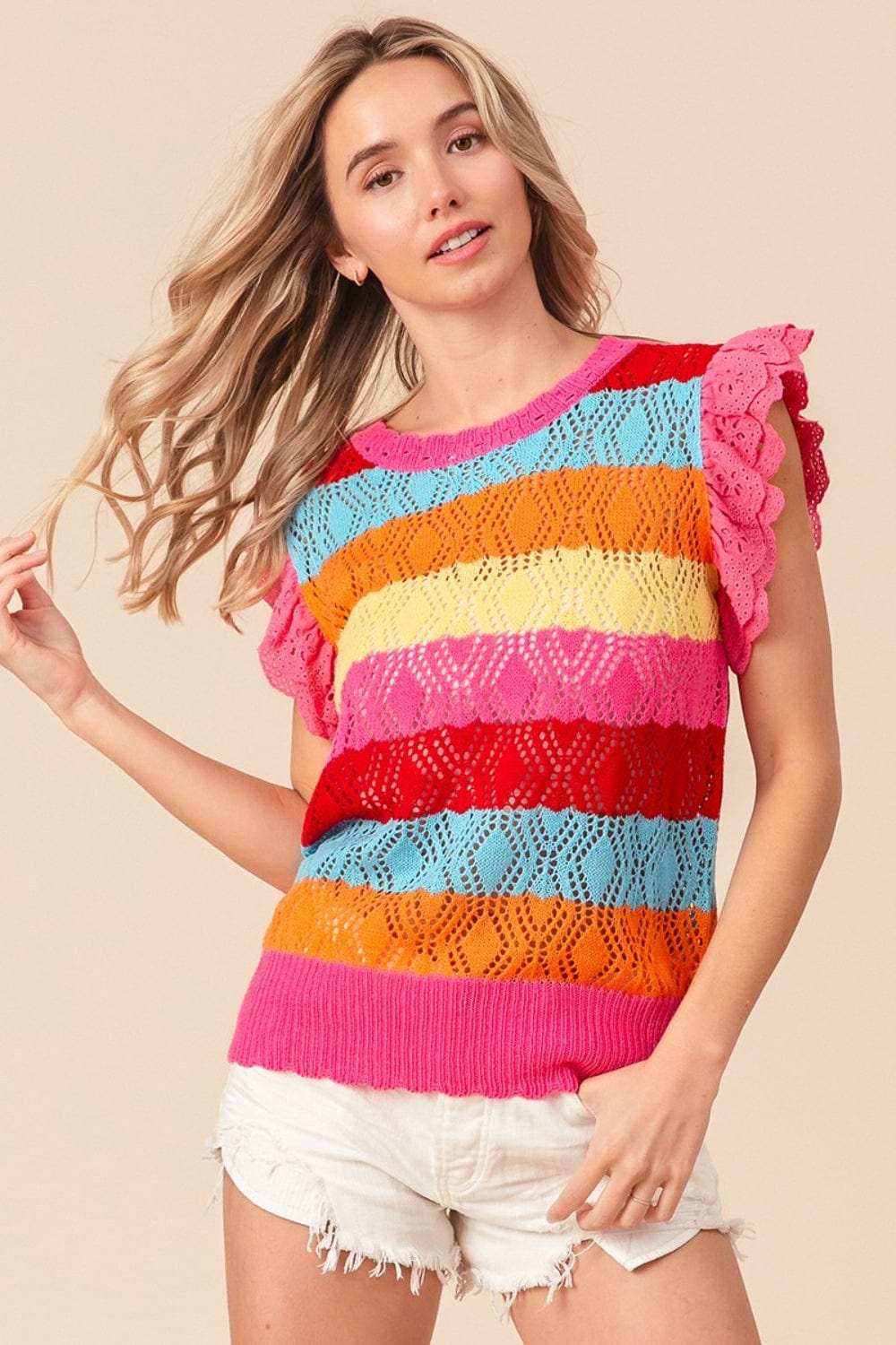 BiBi Pointelle Striped Ruffled Knit Top - Trendsi - Flyclothing LLC