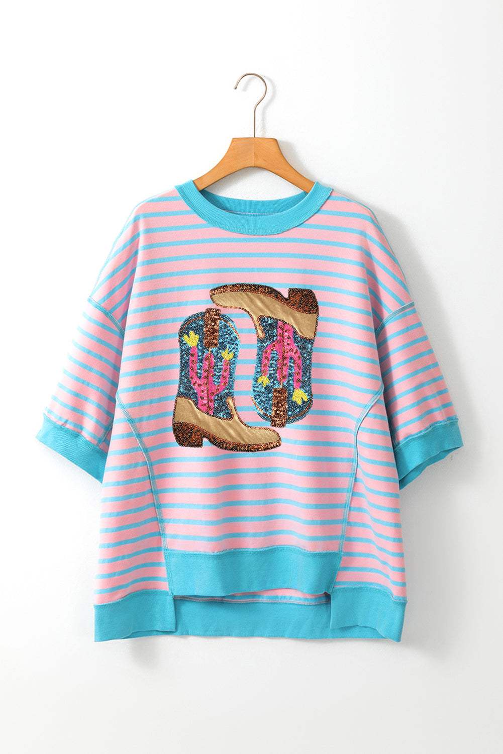 Boots Striped Round Neck Half Sleeve T-Shirt - Trendsi - Flyclothing LLC