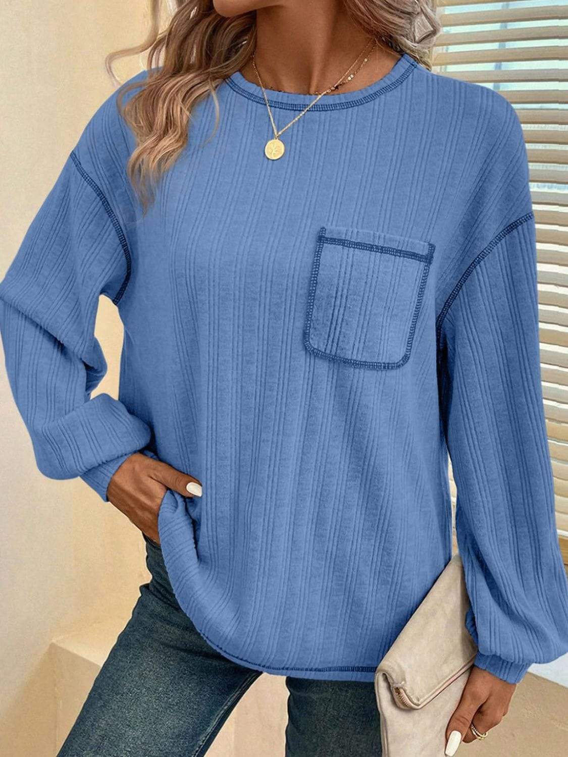 Mandy Contrast Stitching Round Neck Long Sleeve T-Shirt - Trendsi - Flyclothing LLC
