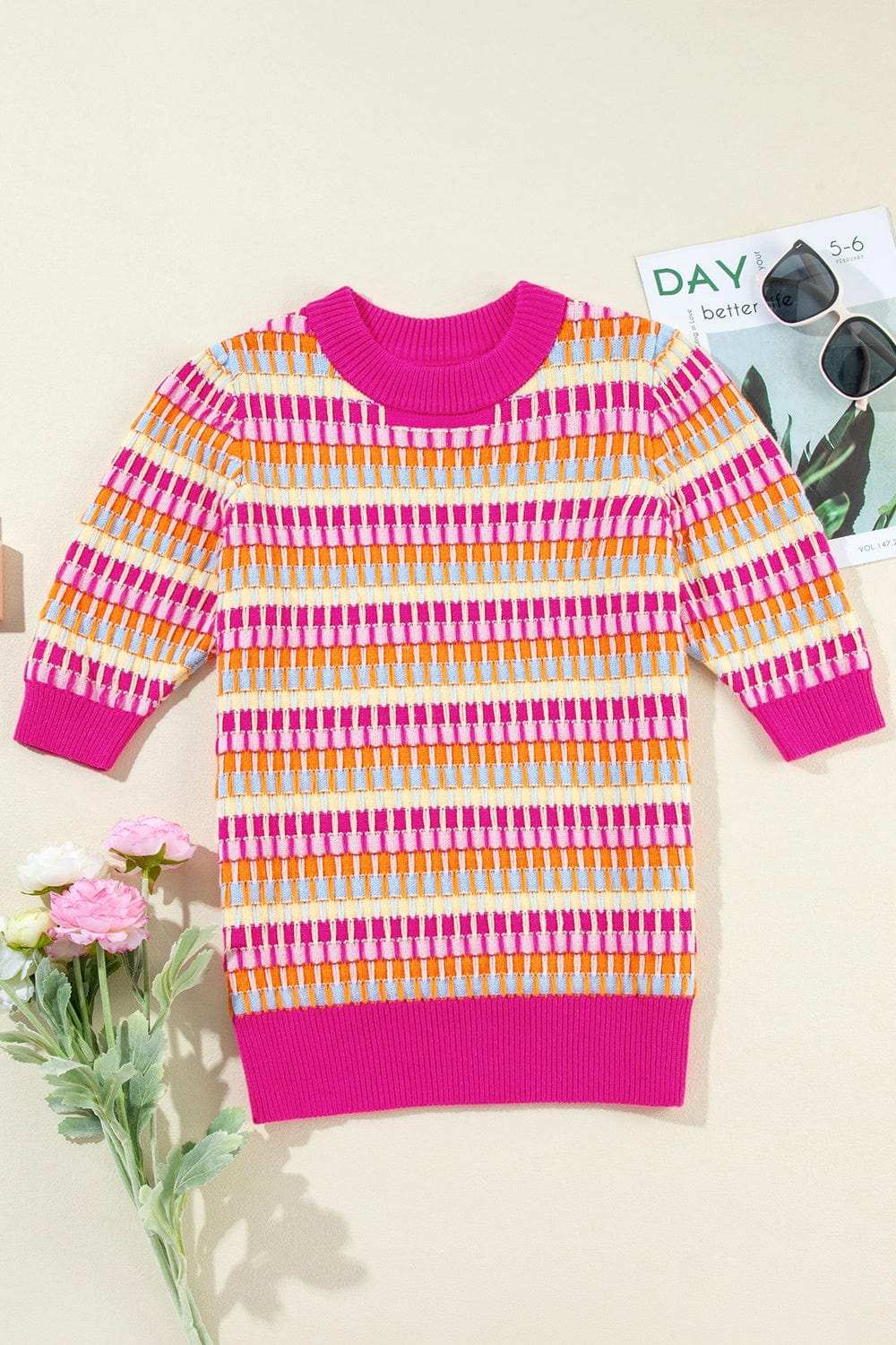 Contrast Round Neck Half Sleeve Knit Top - Trendsi - Flyclothing LLC
