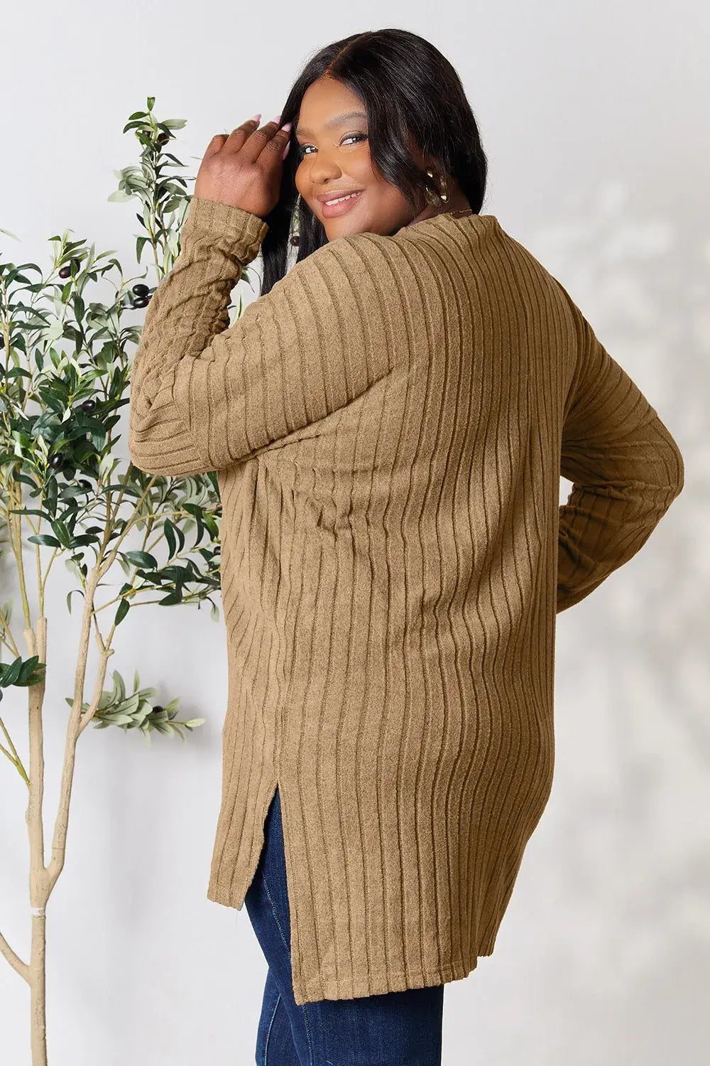 Basic Bae Full Size Ribbed Round Neck Long Sleeve Slit Top - ShopBasicbae - Flyclothing LLC