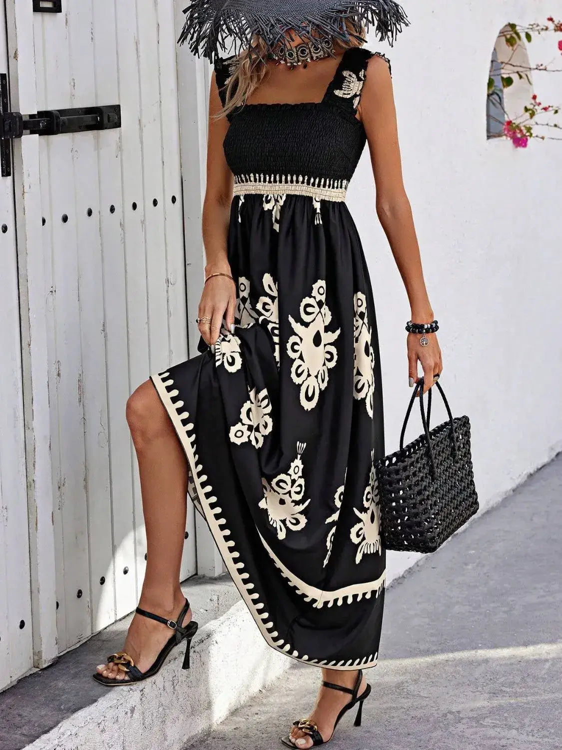 Smocked Printed Wide Strap Maxi Dress - Trendsi - Flyclothing LLC