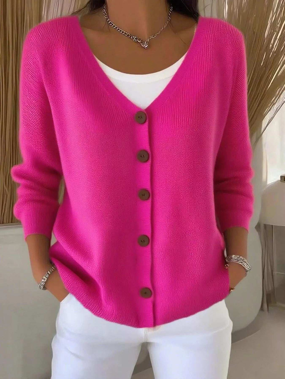 Full Size Button-Front V-Neck Cardigan Plus Size - Trendsi - Flyclothing LLC