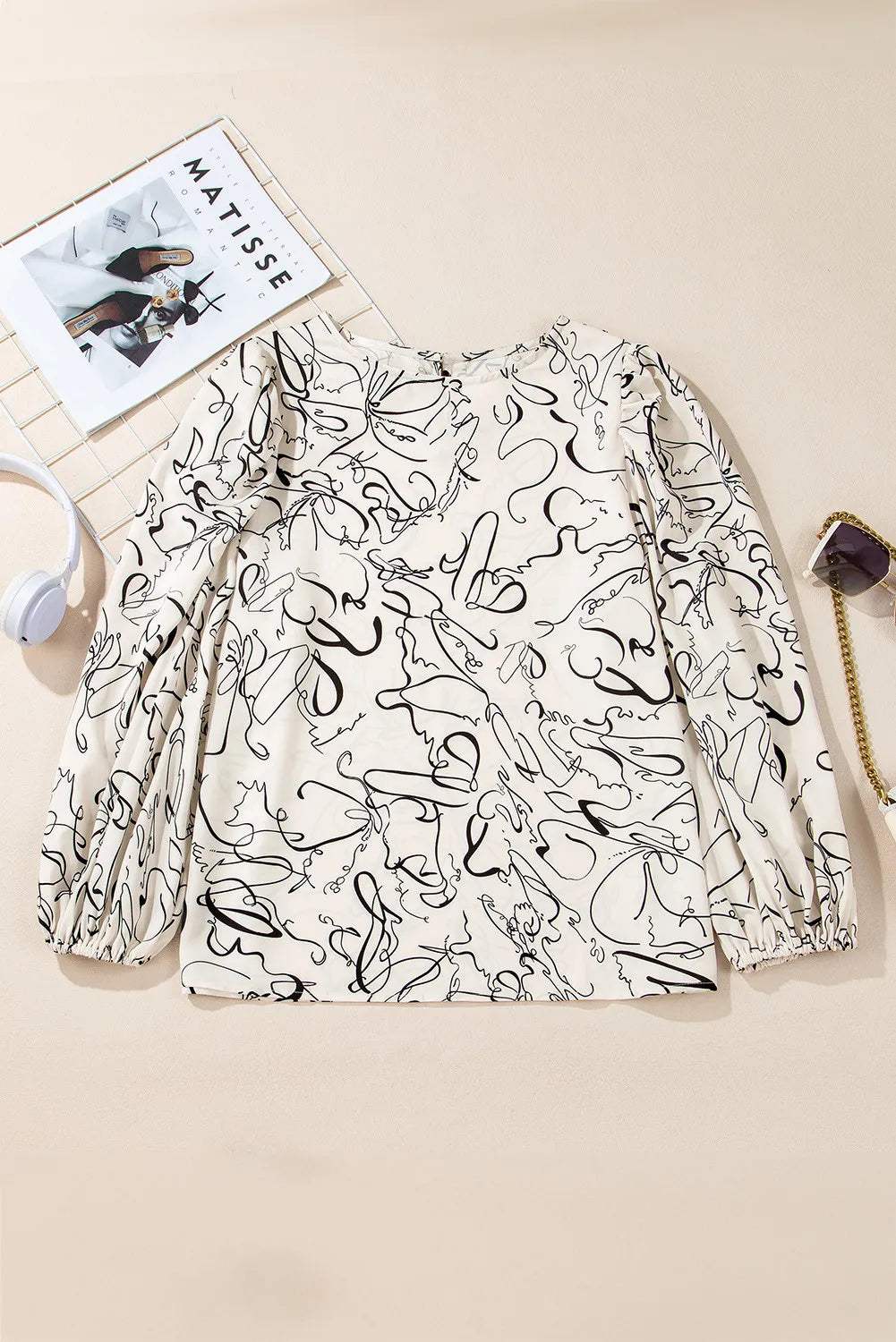 Printed Round Neck Three-Quarter Sleeve Blouse - Trendsi - Flyclothing LLC
