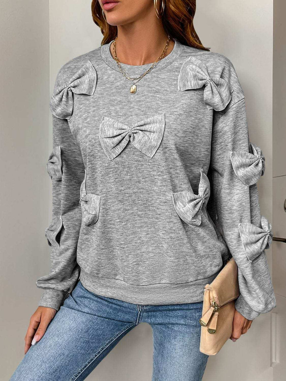 Perfee Bow Round Neck Long Sleeve Sweatshirt - Trendsi - Flyclothing LLC