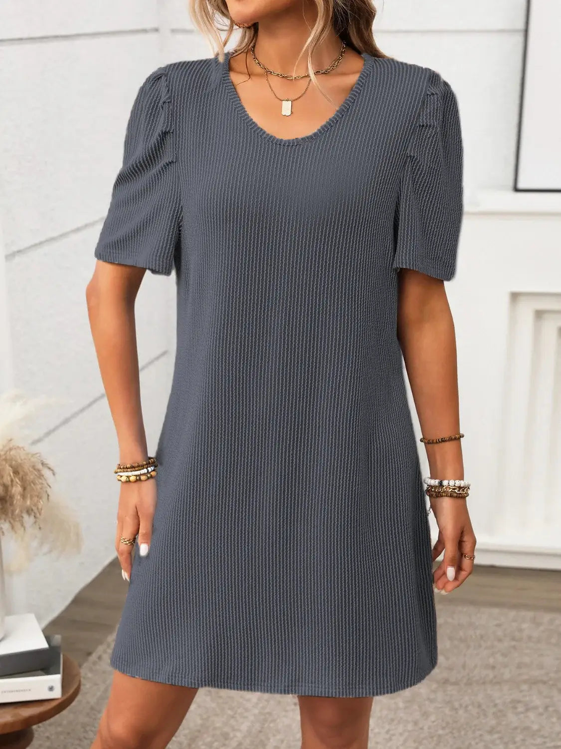 Textured Round Neck Short Sleeve Mini Dress - Trendsi - Flyclothing LLC